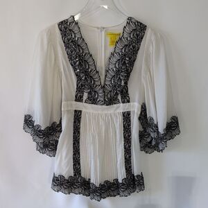 Catherine Malandrino White Blouse with Black Embroidery